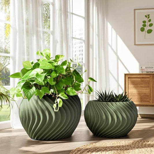 Flower Pots and Planters for Home Decor – Modern Swirl Plant Pots for Indoor and Outdoor Succulents, Orchids, or Herbs – Decorative Pots for Plants Ideal for Garden and Patio Set of 2 – 8", 6" Green