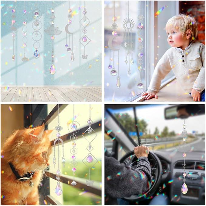 Sun Catchers, 10 Pcs Crystal Suncatcher Prism Hanging Kit with Chain Rainbow Maker Crystals Balls Pendants Ornaments for Indoor Window Outdoor Garden Backyard Patio Car Mirror Christmas Tree Decor
