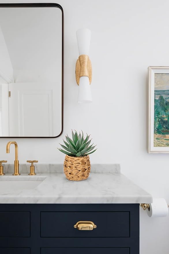 Briful Succulents Plants Artificial for Home Decor, Realistic Potted Fake Agave Plant in Wicker Basket, Cute Aloe Maguey Faux Plant, Shelf Tables Decor, Modern Farmhouse Home Decorations