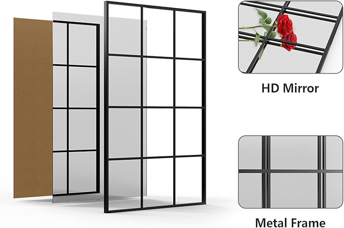 47.2" x 31.5" Window Mirror Oversize, Decorative Wall Mirror, Mirror Window for Wall Decor, Grid Metal Wall Mirror for Living Room, Bedroom, Entryway Matte Black