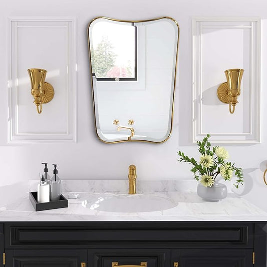 POZINO Gold Brushed Beveled Mirror, 22"x30" Brass Wavy Bathroom Mirror for Over Sink, Modern Butterfly Shaped Vanity Mirrors in Premium Stainless Steel Frame, Wall Mount Hangs Horizontal Or Vertical