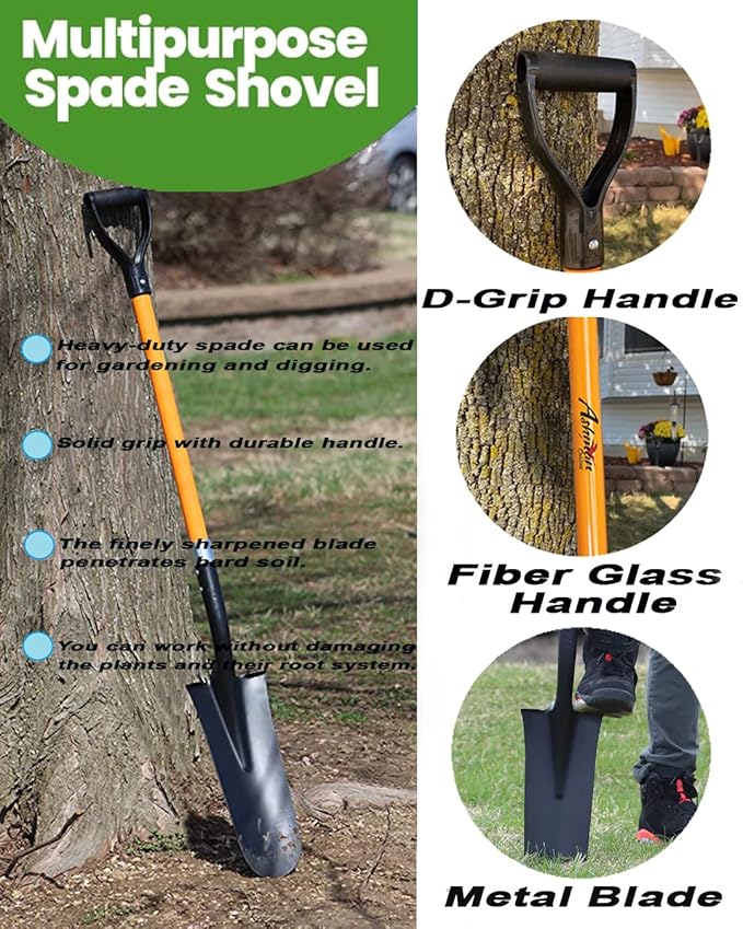 Ashman Drain Spade Shovel (1 Pack) - 48 Inches Long Handle Spade with D Handle Grip - Durable Handle with a Thick Metal Blade - Multipurpose Premium Quality Orange Shovel.