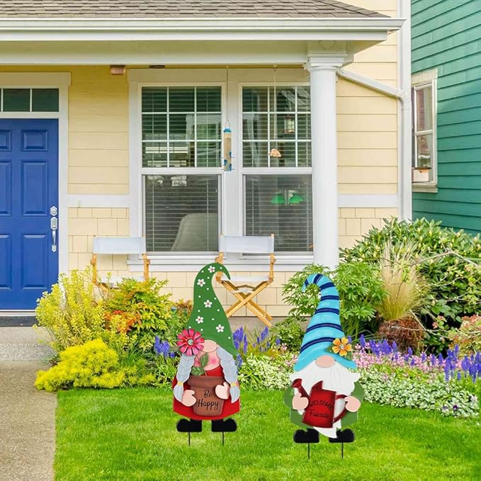 YEAHOME Garden Decor for Outside, Set of 2 Metal Gnomes 27.6” Decorative Garden Stakes with Flowers for Spring Decor, Yard Art Stakes for Outdoor Lawn Backyard Porch Garden Decorations