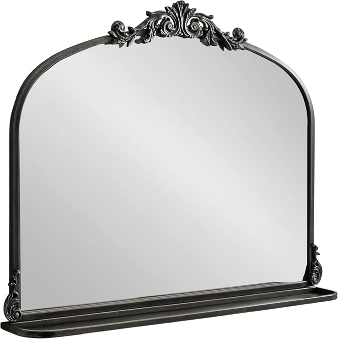 Kate and Laurel Arendahl Traditional Vintage Arch Mirror with Shelf; 33 x 26; Black; Baroque Antique Arched Wall Mirror with Functional Shelf for Use as Vanity Bathroom Mirror or Cute Nursery Mirror