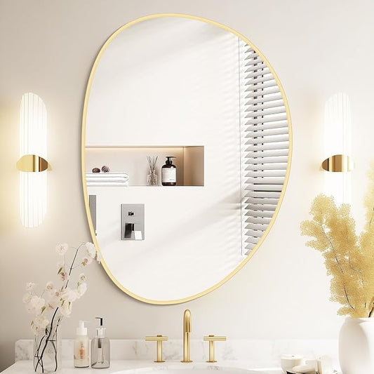 WallBeyond Irregular Wall Mirror, Asymmetrical Mirror Wall Mounted with Gold Framed for Living Room, Bathroom, Bedroom, Entryway Wall Decor, 28"×21", Gold
