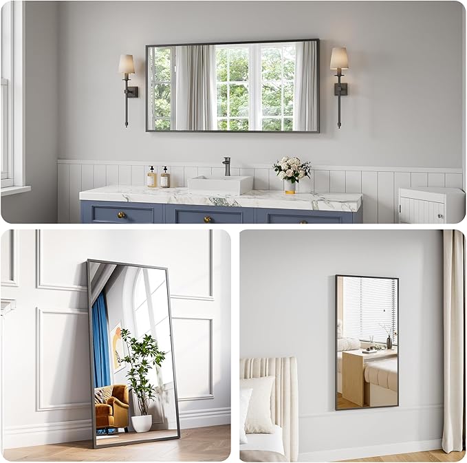 Koonmi Bathroom Mirror 24x48 Black Bathroom Wall-Mounted Mirrors, Modern Vanity Mirror for Bedroom, Living Room, Aluminum Alloy Frame Allow to Hang Horizontally or Vertically