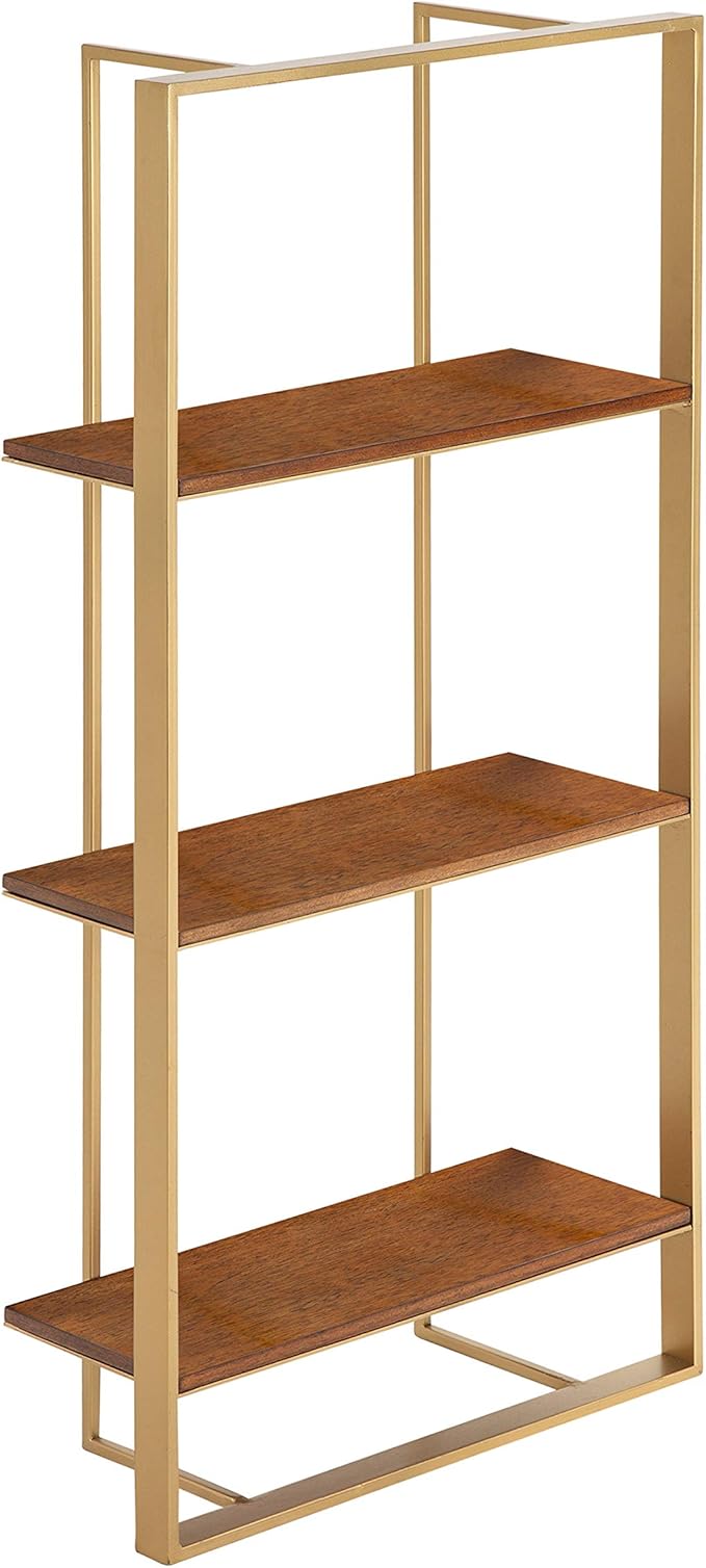 Kate and Laurel Kercheval Modern Wood Shelf, 15"x 32", Walnut Brown and Gold, Practical Mid-Century Wall Decor