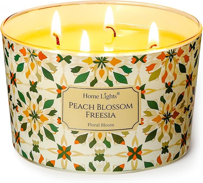 HomeLights Soy Wax Candles for Home Scented, 4-Wick Candles in Peach Blossom Freesia Scented, Aromatherapy Candles Gift for Parties, Relaxing, Bohemian Natural Textures, 18oz