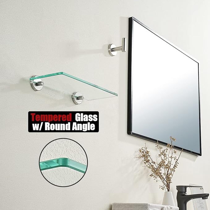 JQK Bathroom Glass Shelf Brushed, Tempered Glass Shower Storage 12 by 5 inches, 304 Stainless Steel Brushed Steel Wall Mount 2 Pack, TGS101L12-BN-P2
