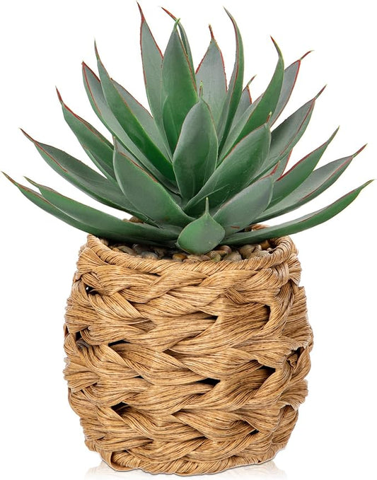 Briful Succulents Plants Artificial for Home Decor, Realistic Potted Fake Agave Plant in Wicker Basket, Cute Aloe Maguey Faux Plant, Shelf Tables Decor, Modern Farmhouse Home Decorations