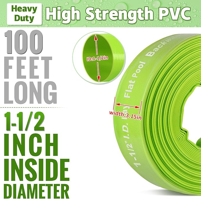 Boltigen 1-1/2'' Pool Backwash Hose, 100 Feet Heavy Duty PVC Pool Drain Hose with Clamps, Lay Flat Water Discharge Filter Pump Hose for Swimming pools, High Pressure Pool Pump Hose