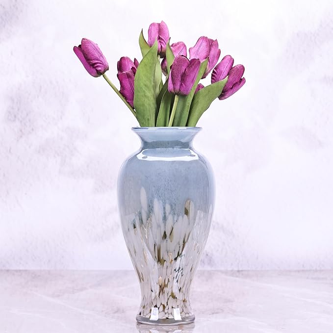 11.8" Tall Blown Blue Glass Vase, Colorful Opaque Glass Vase, Unique Design Wide Mouth Art Decoration for Home, Living Room, Dining Table, Pampas Grass Decor (Blue White)