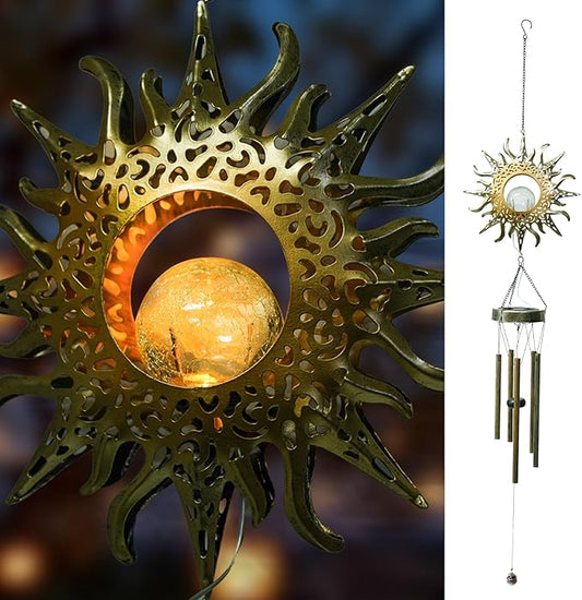 Ferrisland Solar Wind Chimes for Outside Clearance, Sun Windchimes Outdoors for Porch Patio with Crackle Glass Ball LED Light, Waterproof Metal Outdoor Hanging Decor for Women Wife Mom