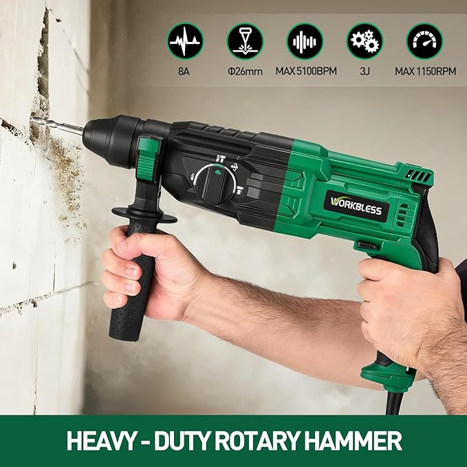 1 Inch SDS-Plus Rotary Hammer Drill, 8Amp, 3.0J 4 Functions Variable Speed Hammer Drill with Safety Clutch for Concrete Demolition Chipping,3 Drill Bits, 2 Chisels, 1 Adapter