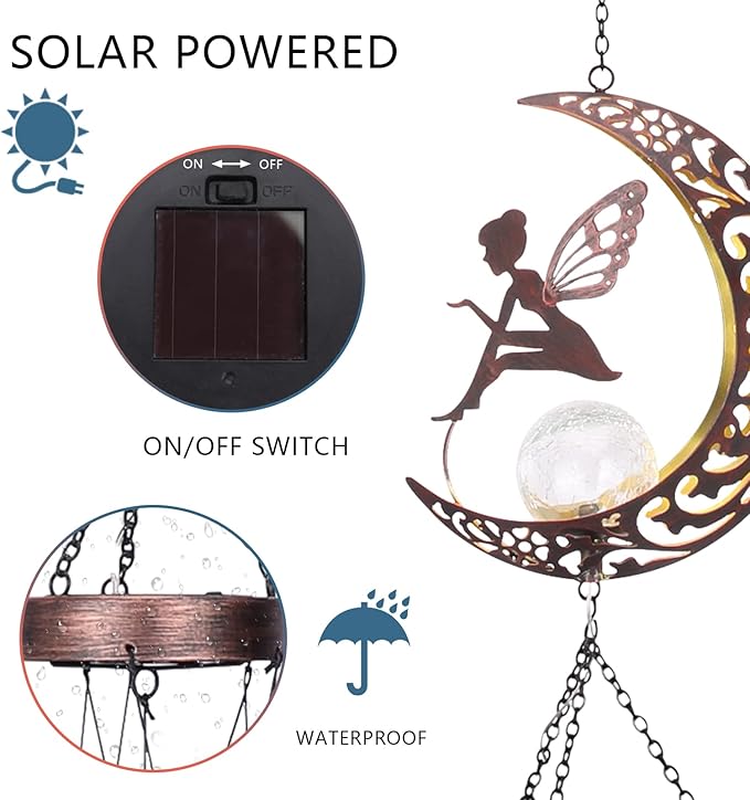 Taman Wind Chime - Fairy Wind Chimes for Outside Moon Solar Lights Indoor Crackle Glass Ball LED Decorative Mobile Memorial Gift, Aluminum Tubes for Home, Outdoor, Yard, Patio,Garden Decor, 43.5"