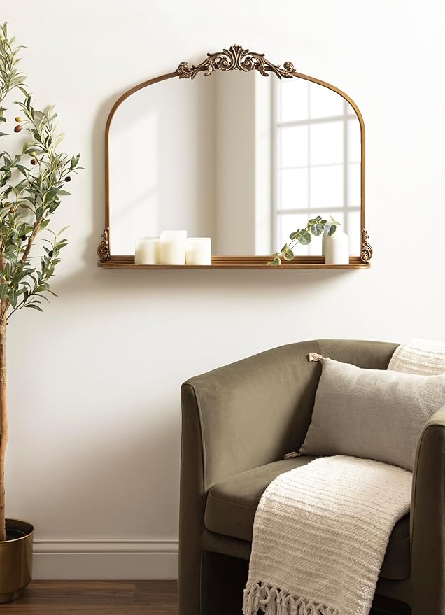Kate and Laurel Arendahl Traditional Vintage Arch Mirror with Shelf; 33 x 26; Gold; Baroque Antique Arched Wall Mirror with Functional Shelf for Use as Vanity Bathroom Mirror or Cute Nursery Mirror