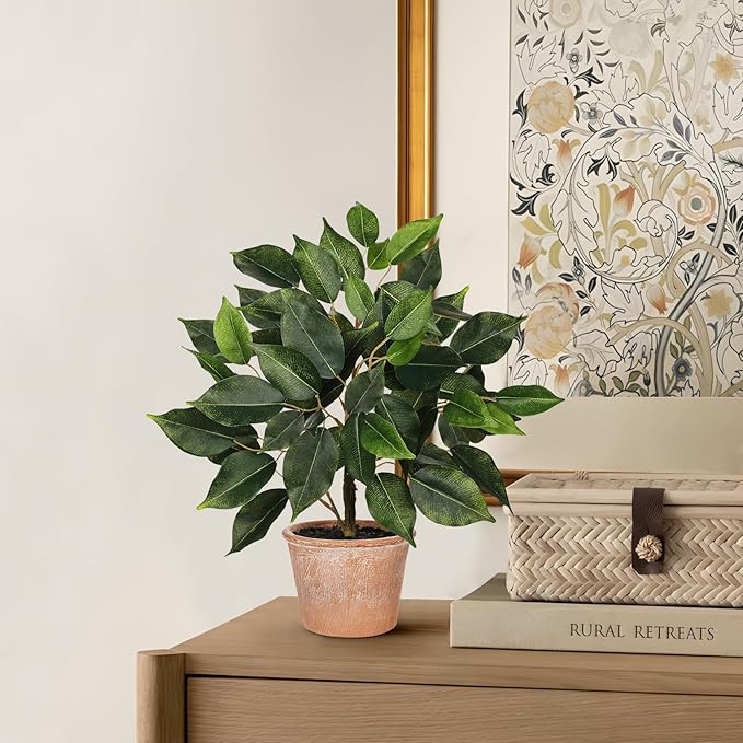 Fake Plant 13" Small Artificial Ficus Plant Faux Ficus Plants Banyan Tree with Rustic Terracotta Pot Silk Plants for Home Decor Indoor Office Living Room Bedroom Shelf Table Centerpieces