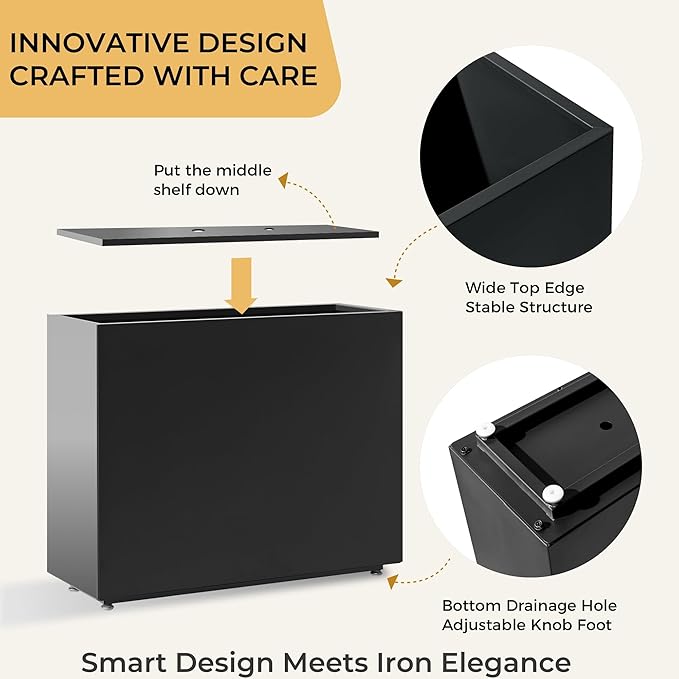 Tall & Long Metal Divider Planter 30W x 11D x 24H, Easy 5-Min Assembly, Outdoor Span Rectangular Planter Box with with Middle Shelf & Adjustable Feet, Versatile for Garden, Yard and Patio, Black