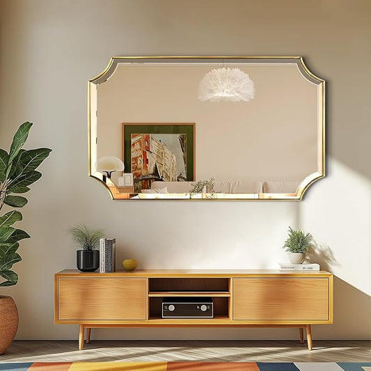 POZINO Brushed Gold Beveled Mirror, 24"x40" Modern Brass Bathroom Mirrors in Stainless Steel Frame, Rounded Rectangle Mirror for Vanity Bathroom Bedroom Living Room Fireplace Entryway