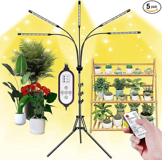 5-Head Adjustable LED Lights, Full Spectrum Grow Lamp with Timer, Warm White Light for Indoor Plants