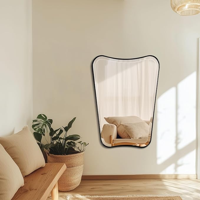 POZINO Bathroom Beveled Mirror, 22"x30" Wavy Vanity Mirror for Over Sink, Modern Butterfly Shaped Decorative Mirrors with Stainless Steel Metal Frame, Black Irregular Rectangle Mirrors for Wall Decor