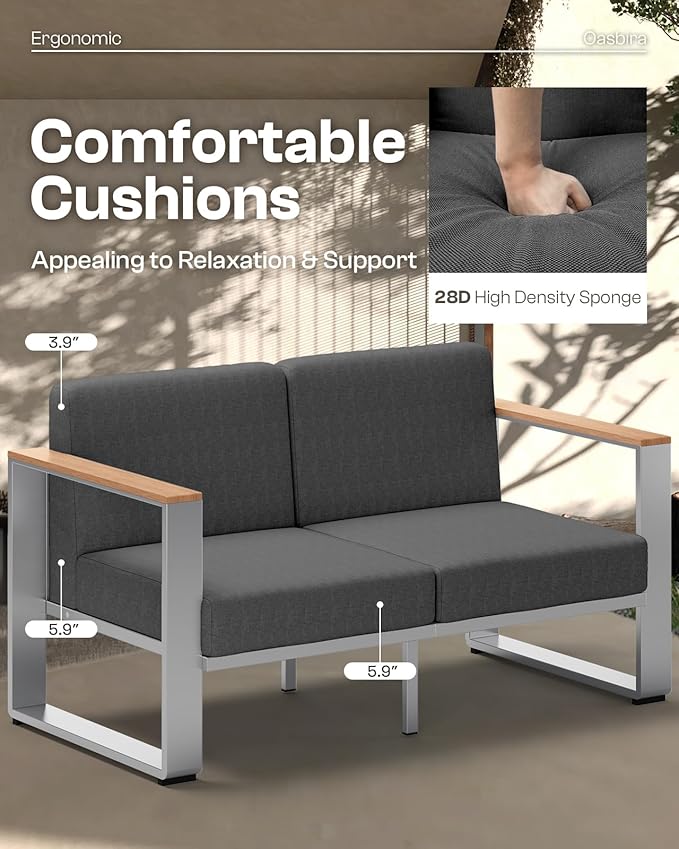 Outdoor Furniture Set, 4 Piece Aluminum Patio Furniture Set with Wide Seat and Thick Cushions, Modern Outdoor Patio Conversation Sets for Deck, Porch (Teak-Charcoal)