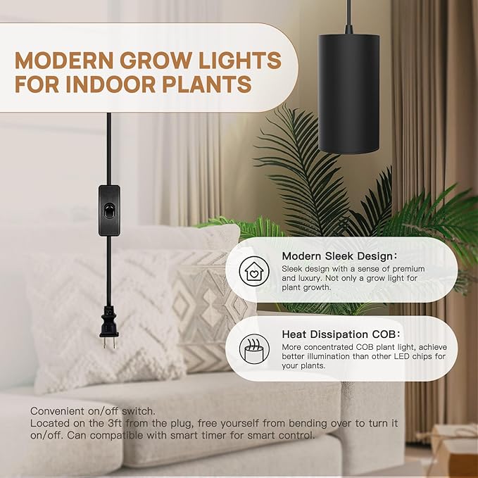 STERREN Plant Grow Light,Led Pendant Light for Indoor Plants,Full Spectrum Hanging Grow Lights with 21 FT Height Adjustable Power Cord, ON/Off Switch Black Plant Lights for Indoor Plant Growing