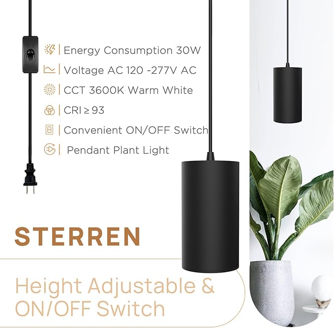 STERREN Plant Grow Light,Led Pendant Light for Indoor Plants,Full Spectrum Hanging Grow Lights with 21 FT Height Adjustable Power Cord, ON/Off Switch Black Plant Lights for Indoor Plant Growing