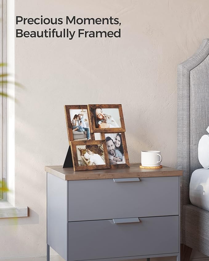 SONGMICS 4x6 Collage Picture Frames, Family Photo Collage Frame Set of 4 for Wall Decor, Glass Front, Wall Hanging or Tabletop, Rustic Brown URPF025X01