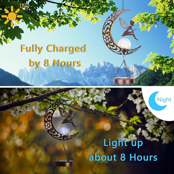 Taman Wind Chime - Fairy Wind Chimes for Outside Moon Solar Lights Indoor Crackle Glass Ball LED Decorative Mobile Memorial Gift, Aluminum Tubes for Home, Outdoor, Yard, Patio,Garden Decor, 43.5"