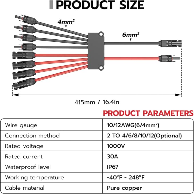 1 Pair Solar Connectors Y Branch 2 to 8,Solar Parallel Connectors for 2-4 Solar Panels,10AWG Adapter Solar Branch Connector
