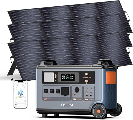 OSCAL PowerMax 6000 Solar Generator, 3600Wh/6000W Power Station with 3x200W Solar Panels, 120V/240V Split Phase Voltage AC Outlets (9000W Peak), 2400W Solar Charging,Emergency for Home,Battery Backup
