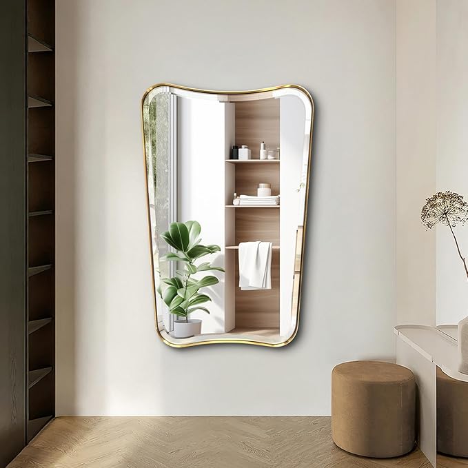 POZINO Brushed Mirror for Over Sink, 24"x36" Gold Beveled Bathroom Mirror, Modern Rectangle Mirrors, Brass Vanity Wall Mirrors in Stainless Steel Frame, Wall Mount Hangs Horizontal Or Vertical
