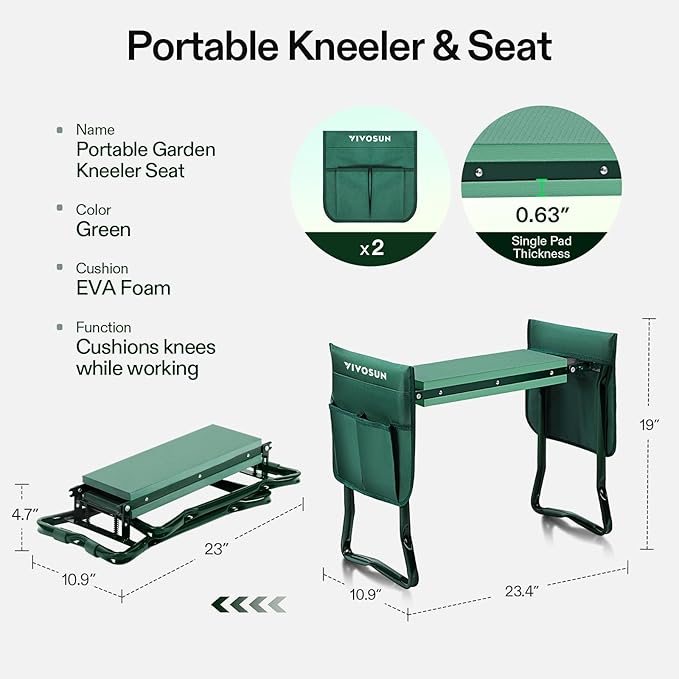 VIVOSUN Heavy Duty Garden Kneeler and Seat, Folding Garden Stool with Soft EVA Foam Kneeling Pad & 2 Large Tool Bags, Anti-Tipping Gardening Bench, Gifts for Women and Seniors, Green