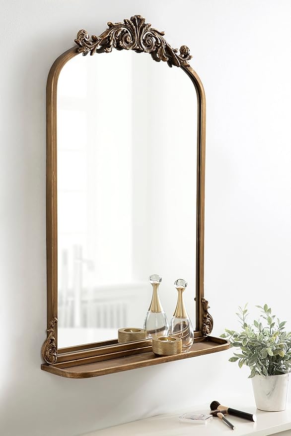 Kate and Laurel Arendahl Traditional Vintage Arch Mirror with Shelf; 21 x 32; Gold; Baroque Antique Arched Wall Mirror with Functional Shelf and Ornate Frame