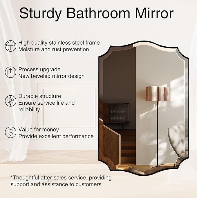 POZINO Scalloped Beveled Mirror, 30"x48" Modern Rectangle Mirrors for Over Sink, Large Wavy Decorative Mirrors, Irregular Shaped Mirror for Vanity Bathroom Living Room Bedroom Fireplace Entryway