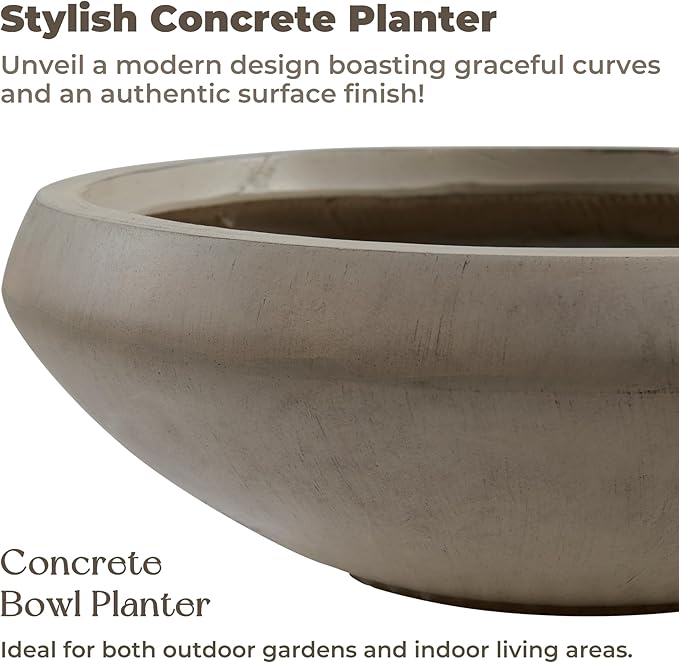 Bowl Planter 23.3" Dia x 7.9" H Succulent Pot with Drain Hole, 20.9" Opening Weathered Concrete Flowerpot for Indoor Outdoor Plants Herbs Bonsai, Round Planters for Home, Patio, Garden, Large-Natural