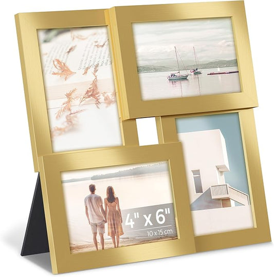 SONGMICS 4x6 Collage Picture Frames, Family Photo Collage Frame Set of 4 for Wall Decor, Glass Front, Wall Hanging or Tabletop, Pale Gold URPF025A01