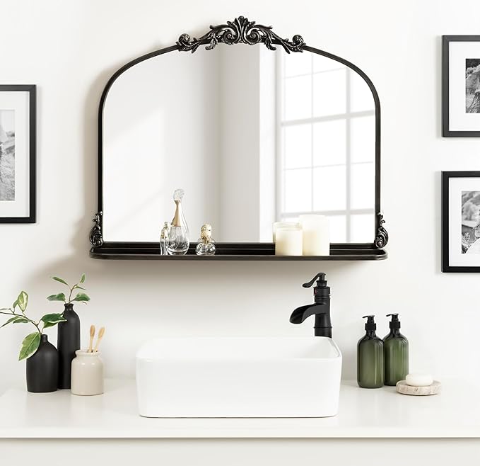 Kate and Laurel Arendahl Traditional Vintage Arch Mirror with Shelf; 33 x 26; Black; Baroque Antique Arched Wall Mirror with Functional Shelf for Use as Vanity Bathroom Mirror or Cute Nursery Mirror