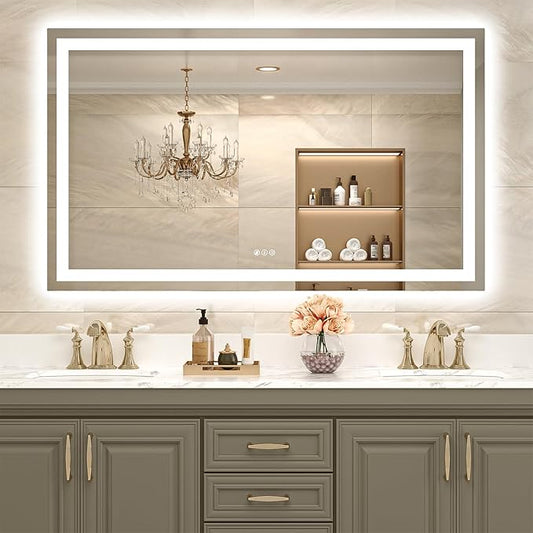 USHOWER LED Bathroom Mirror 60x36 Inch with Lights - Frameless Tempered Glass LED Backlit Lighted Mirror for Bathroom Vanity with Anti-Fog, 3 Colors Dimmable, Memory Function, Wall-Mounted