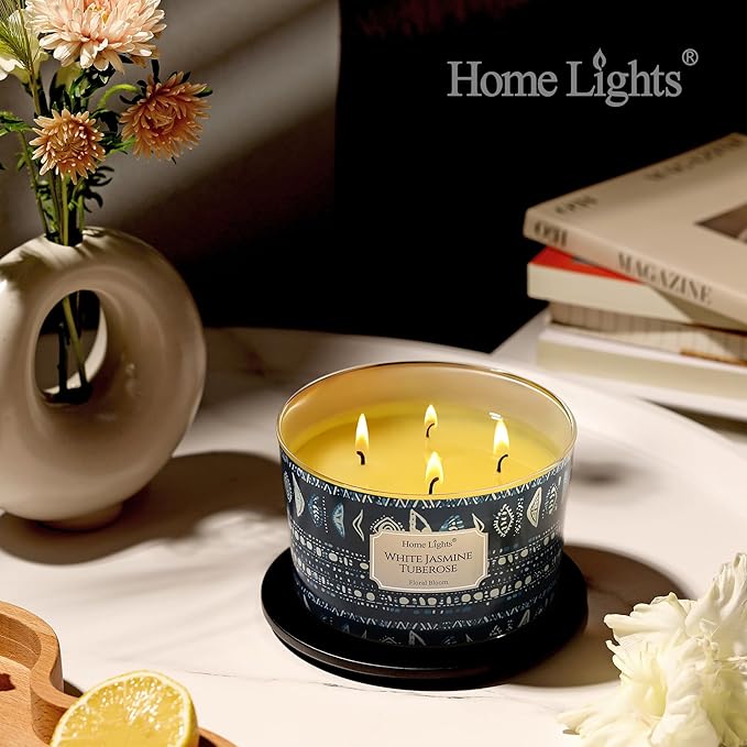 HomeLights Scented Candles for Women & Men, 18oz Candle Jars Aromatherapy 4-Wick Candle, Ideal for Bohemian Natural Textures Home Decor and Gifts, White Jasmine Tuberose