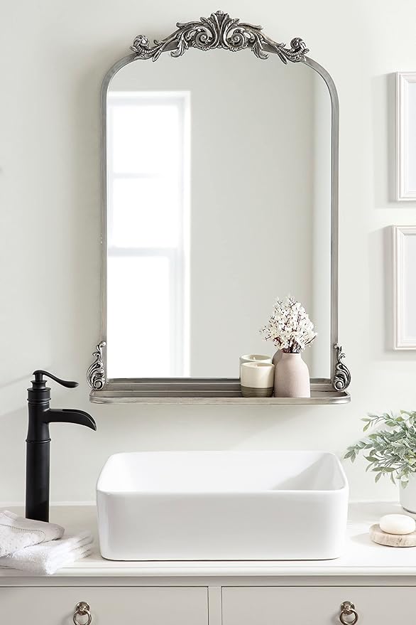 Kate and Laurel Arendahl Antique Vintage Arched Mirror with Shelf for Traditional Home Décor, 21x32, Silver