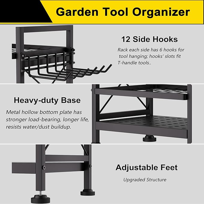 GIOTORENT 3 Tier Metal Garden Tool Organizer - Heavy Duty Yard Storage for Up to 78 Tools, Indoor/Outdoor Garage Patio Shed Organization - Black
