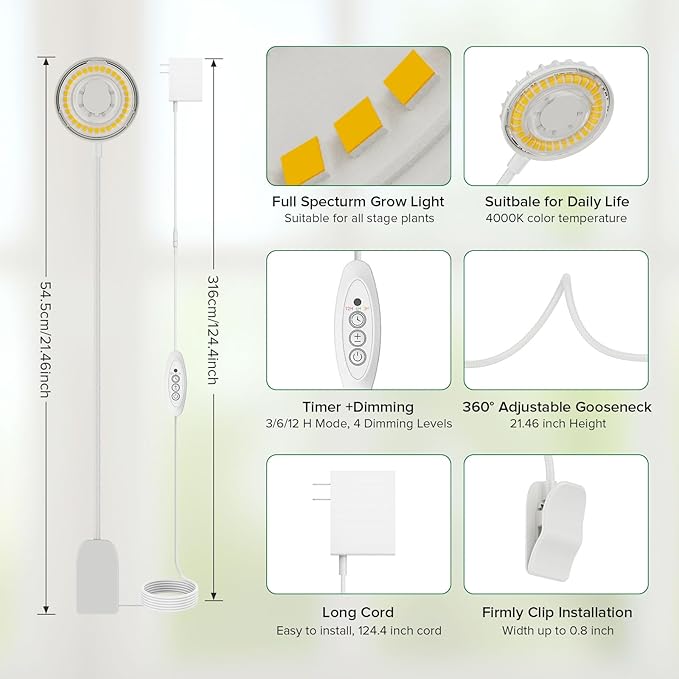Grow Lights for Indoor Plant, Clip on Plant Grow Lights Full Spectrum, 12W LED Plant Lights for Indoor Growing, Auto On/Off 3/6/12H, 4000K Plant Grow Lamps with 4 Level Dimmable, White 1 Pack