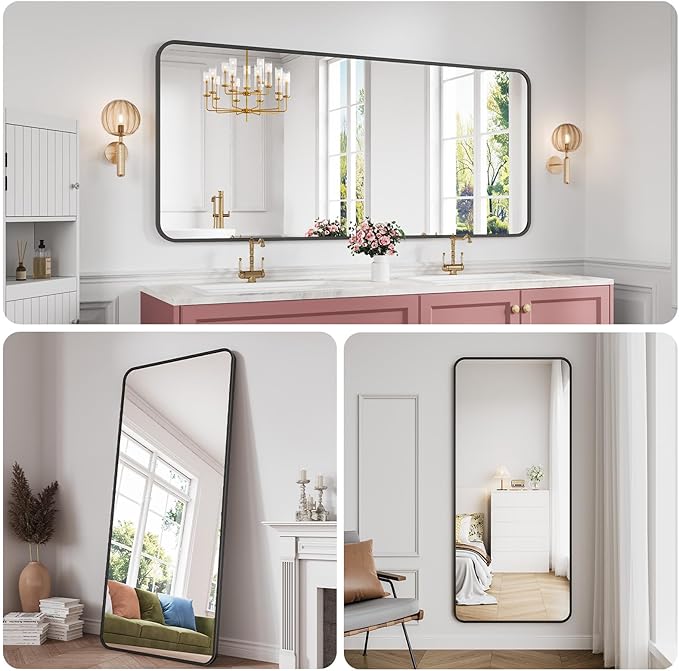 Koonmi Bathroom Mirror, 32X72 Inch Black Metal Framed Mirror for Bathroom, Tempered Glass, Anti-Rust, Rounded Rectangle Mirror for Restroom, Bedroom, Black