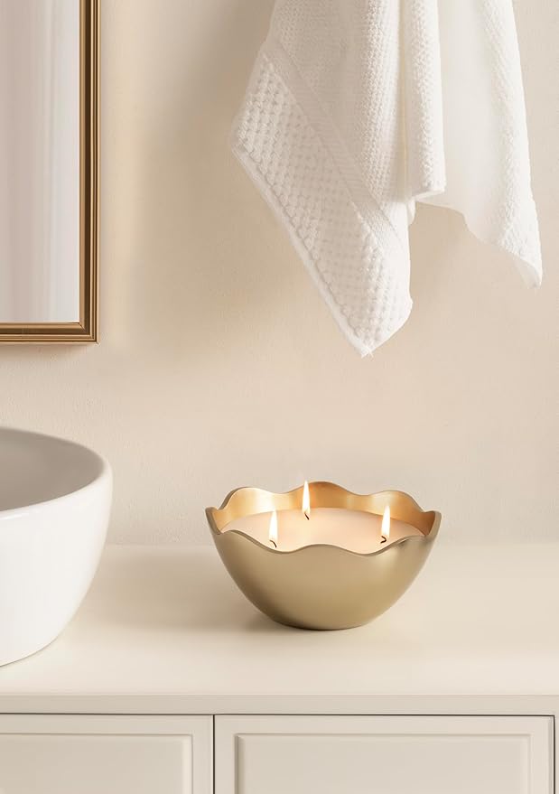 Kate and Laurel Alessia Scalloped Round Metal Candle Bowl, 8 Inch Diameter, Gold, Modern Three-Wick Unscented Candle with Decorative Bowl for Living Room Decor