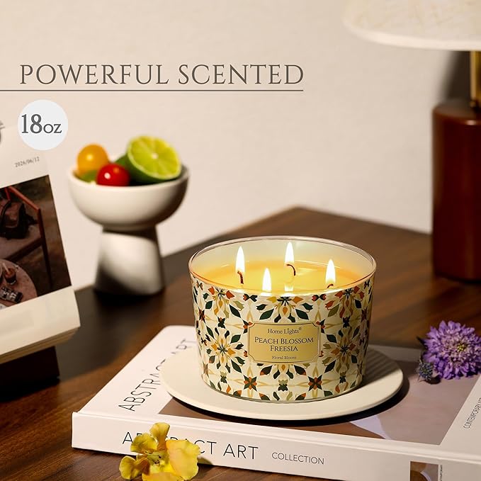 HomeLights Soy Wax Candles for Home Scented, 4-Wick Candles in Peach Blossom Freesia Scented, Aromatherapy Candles Gift for Parties, Relaxing, Bohemian Natural Textures, 18oz