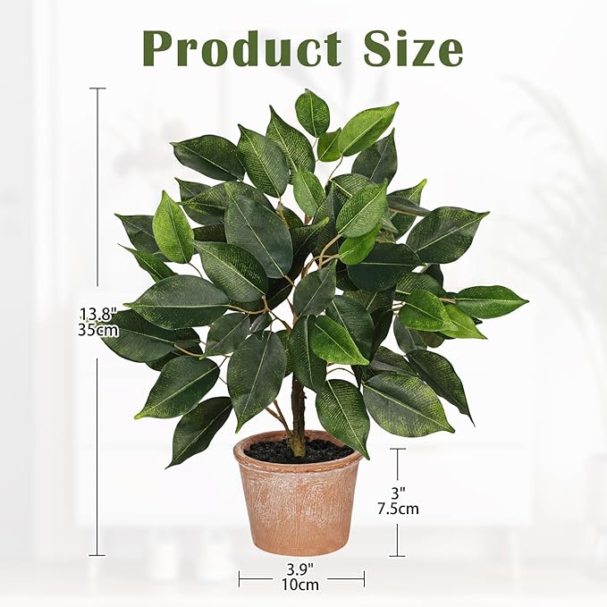 Fake Plant 13" Small Artificial Ficus Plant Faux Ficus Plants Banyan Tree with Rustic Terracotta Pot Silk Plants for Home Decor Indoor Office Living Room Bedroom Shelf Table Centerpieces
