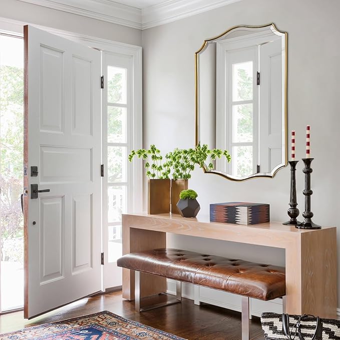 POZINO Scalloped Beveled Mirror, 24"x36" Gold Irregular Shaped Mirror, Modern Rectangle Mirrors in Stainless Steel Frame, Vanity Wall Mirrors for Bathroom Living Room Bedroom Fireplace Entryway