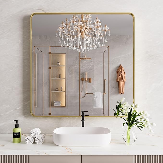 Gold Bathroom Mirror, 36x36 Inch Brushed Gold Metal Frame Mirror for Wall, Rounded Rectangle Bathroom Vanity Mirror, Tempered Glass, Anti-Rust, Horizontal/Vertical